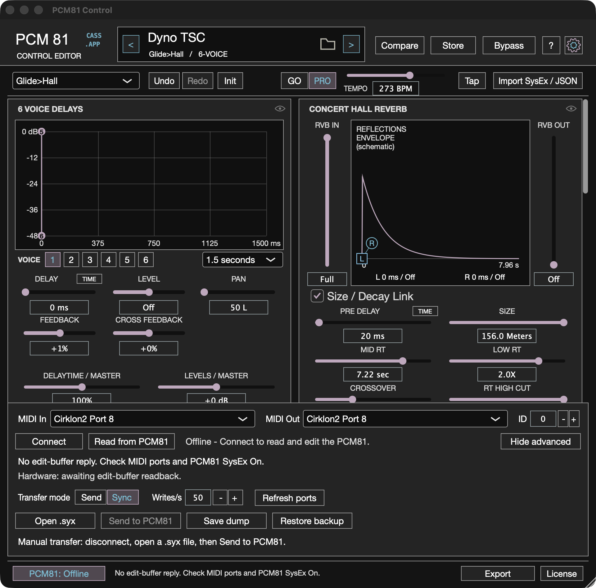 PCM81 Control connected to Cirklon2 Port 8 showing No edit-buffer reply and an offline PCM81.